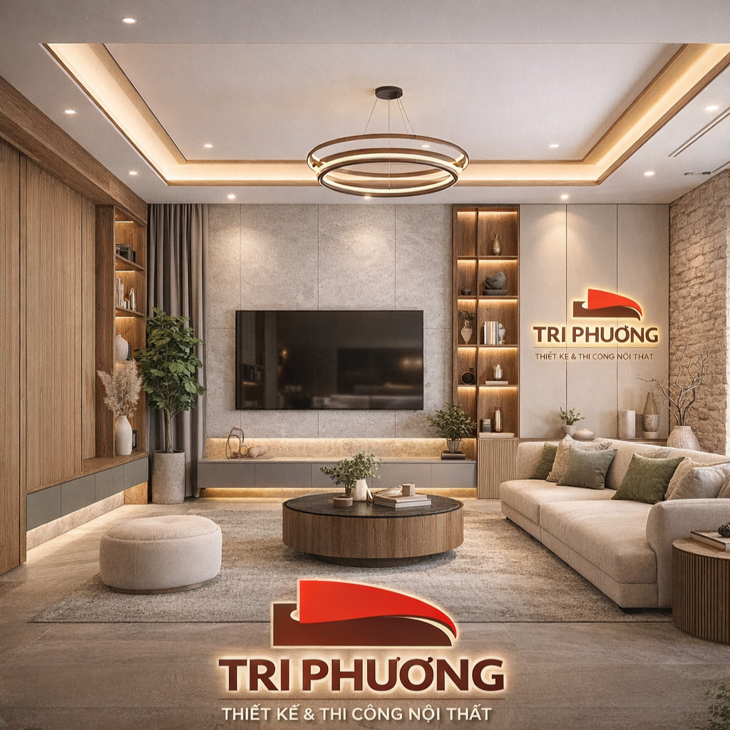 Thiết kế phòng khách hiện đại vân gỗ ấm cúng tại Lâm Đồng - Nội thất Tri Phương