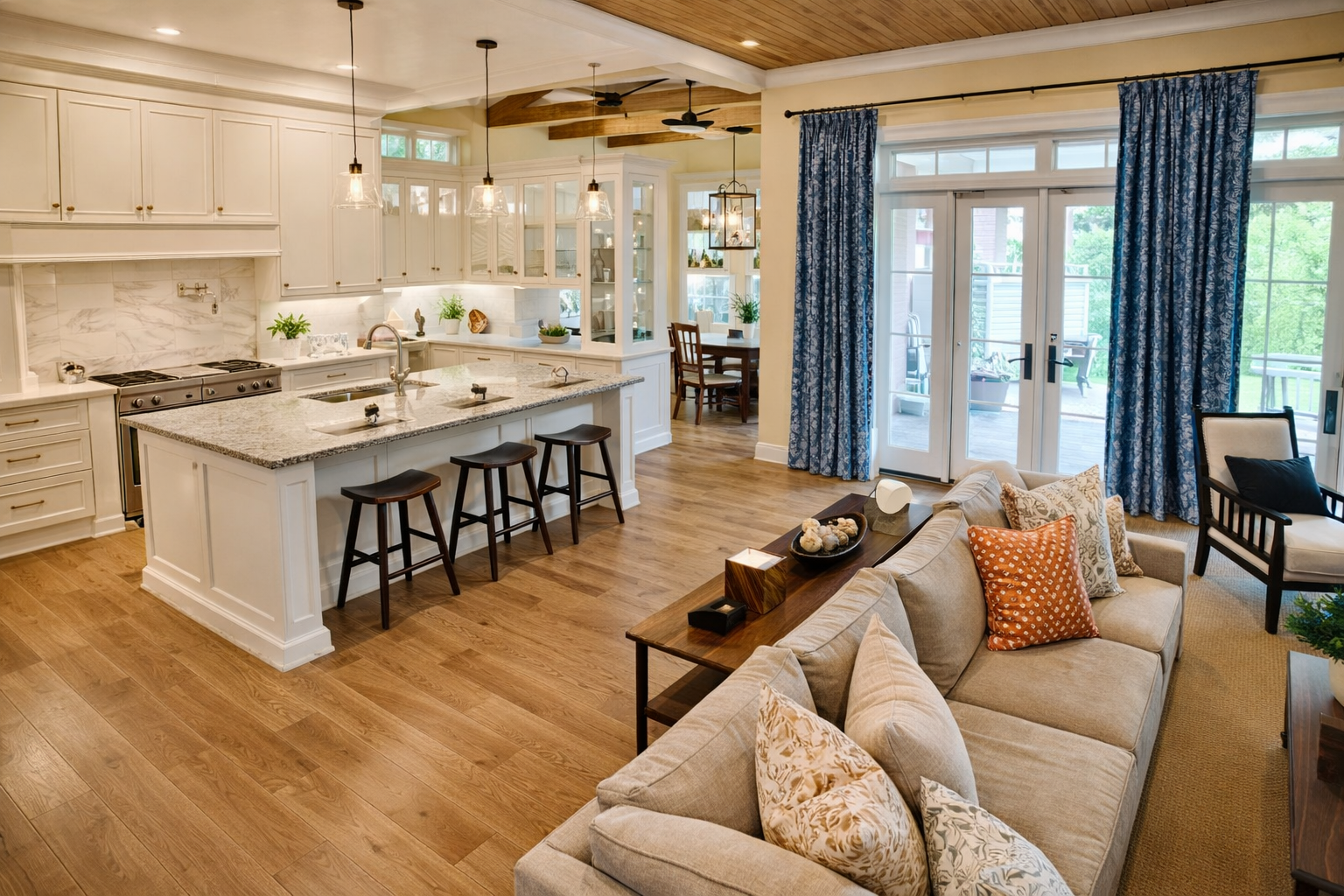 Thiết kế phòng khách thông bếp hiện đại với sàn gỗ và trần gỗ, không gian mở sang trọng