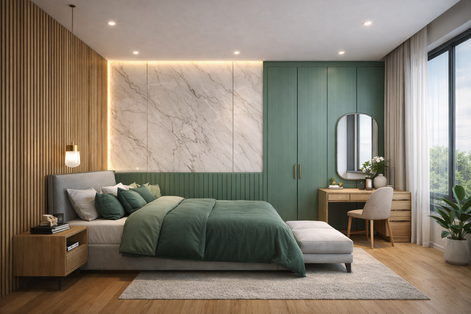 Thiết kế phòng ngủ hiện đại với tấm ốp lam sóng và tấm ốp nano vân đá tại Đức Trọng Lâm Đồng